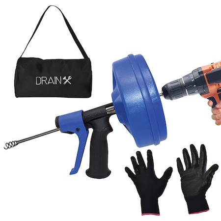 Drainx SPINFEED Drum Auger Drain Snake, Auto Extend and Retract, with Work Gloves and Carrying Bag DHX1-1046